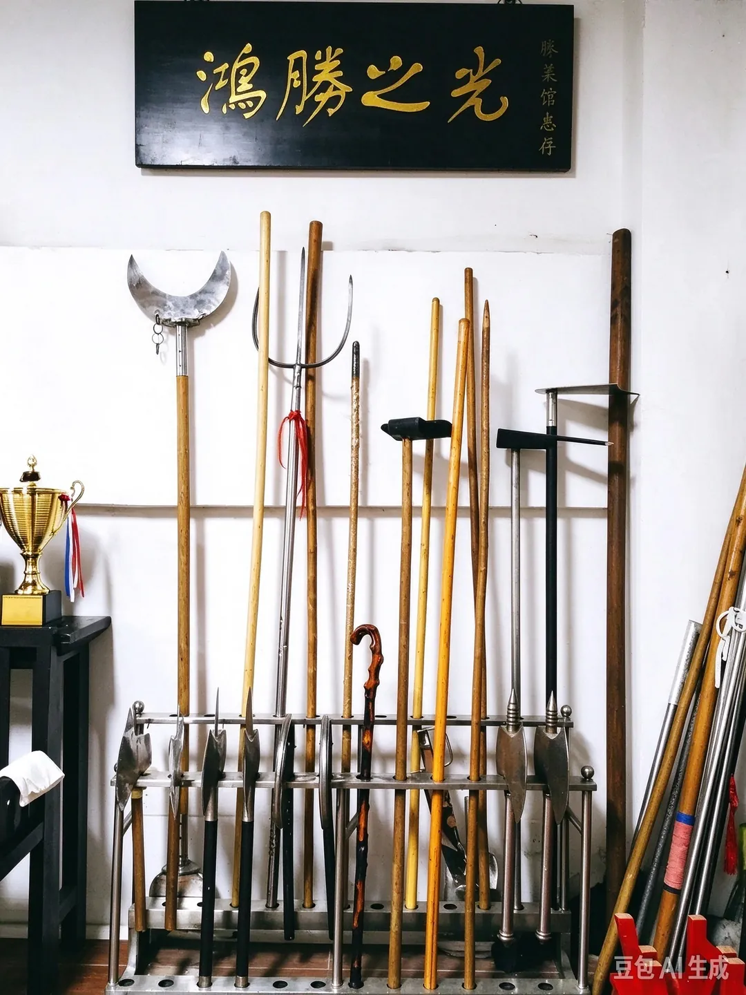 Weapons rack on the Hung Sing line's display wall under a plaque reading 鴻勝之光: a crescent-bladed pole sabre, a three-pronged fork, spears, bamboo and hardwood staffs, and a row of spearheads on a steel stand