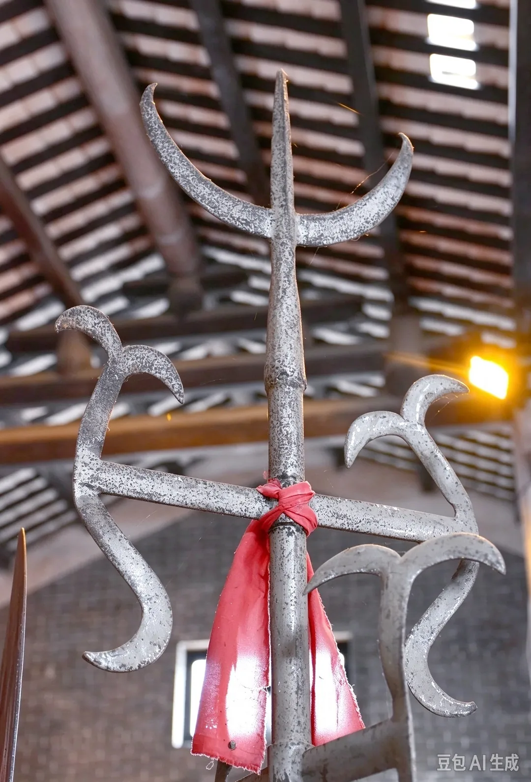 Close view of a Nine Dragon Trident head: a central steel point flanked by curved prongs, with hook-shaped barbs on three sides, tied to the shaft with red cloth